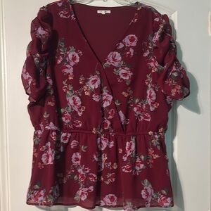 Maurices maroon Puff Sleeve Peplum Blouse